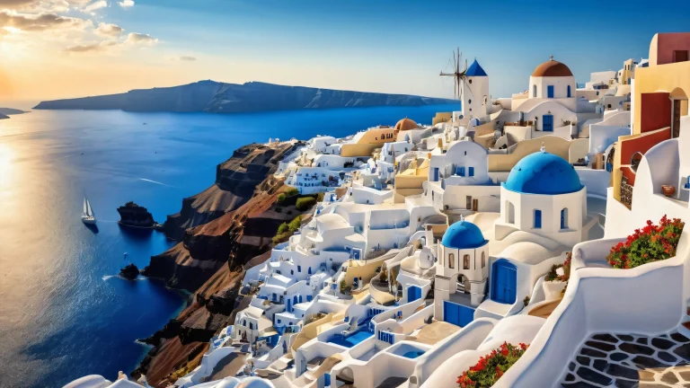 A breathtaking desktop background of the Santorini landscape with extreme depth of field and ethereal lighting for a bright and airy feel, perfect for your Desktop/PC.