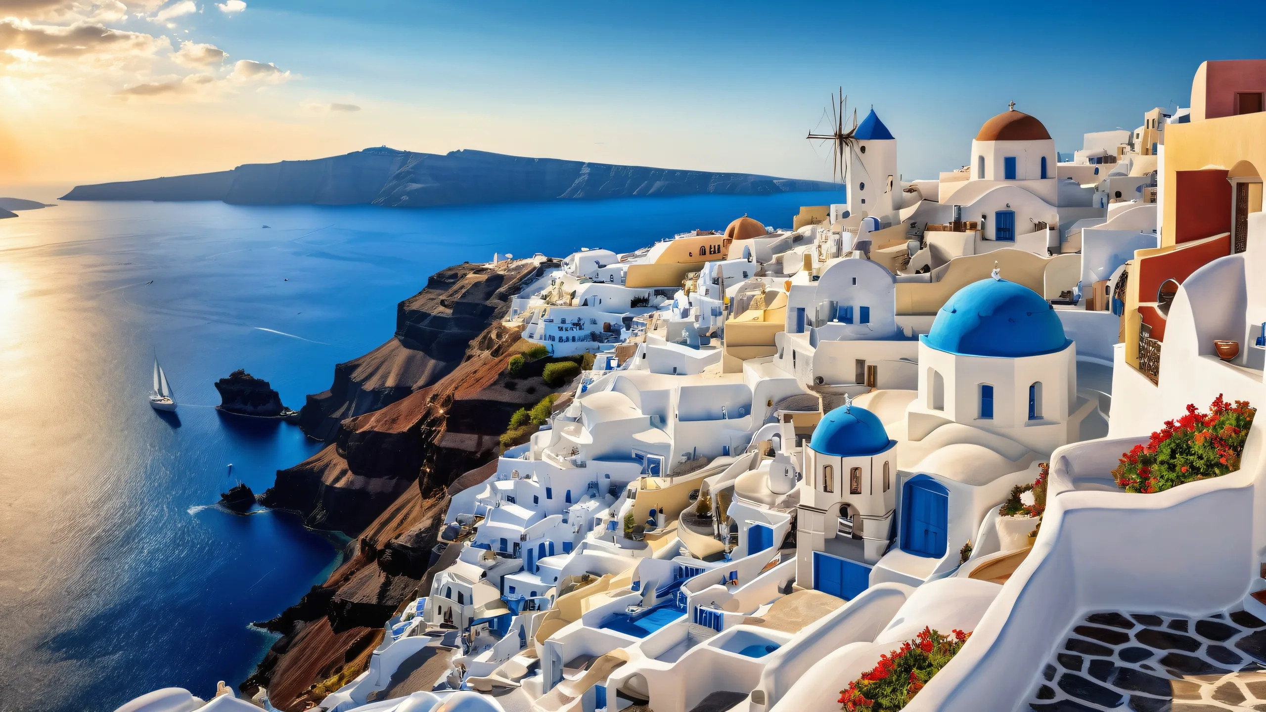 A breathtaking desktop background of the Santorini landscape with extreme depth of field and ethereal lighting for a bright and airy feel, perfect for your Desktop/PC.