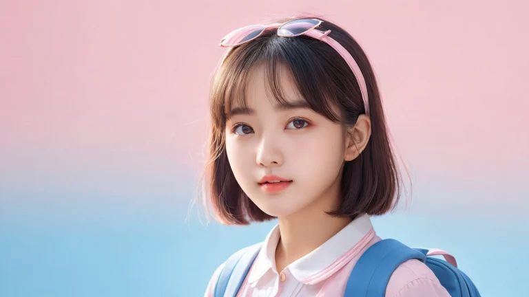 A serene desktop image of a school girl in a pure void with radiant lighting and brilliant colors for a macOS or PC background.