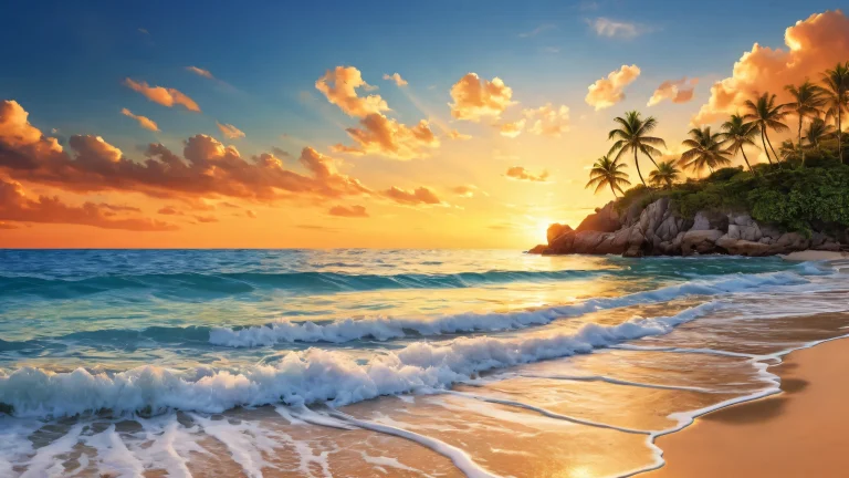 A peaceful desktop scene of a serene seashore with soft rays of sunlight and calm waters. Ideal for your PC or Desktop.