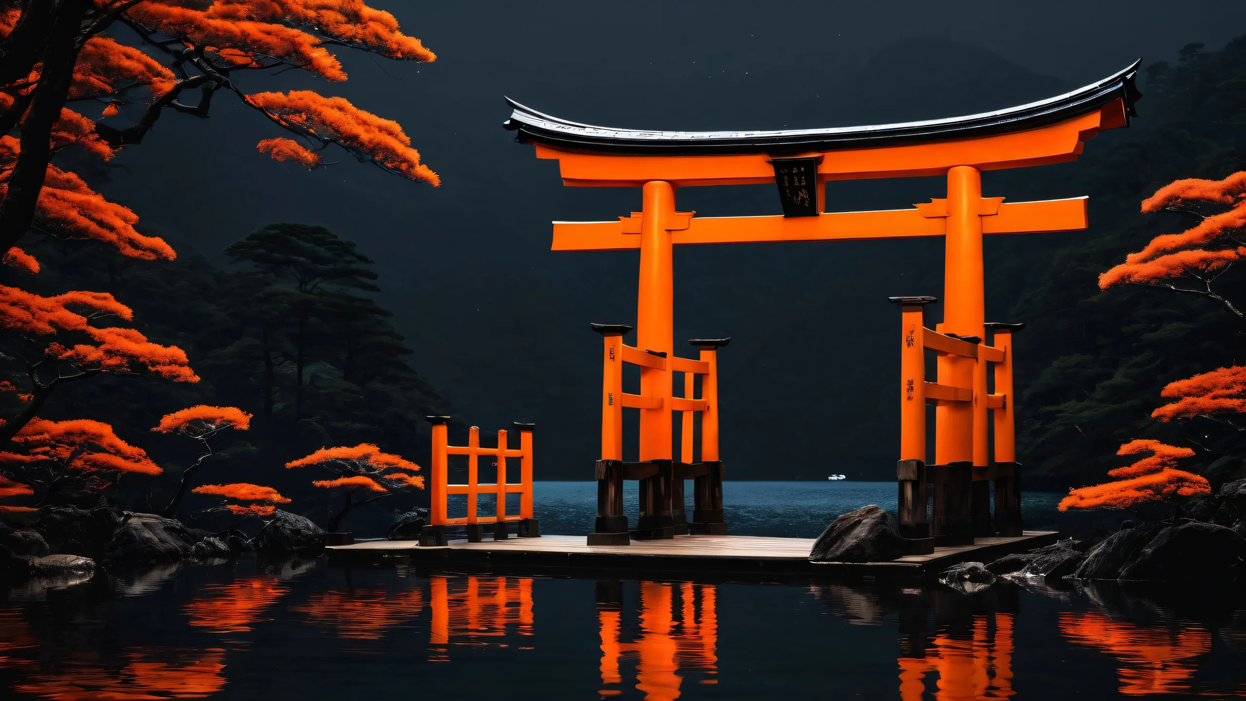 Stunning Senbon Torii Nightfall Odyssey Wallpaper A stunning desktop wallpaper of Senbon Torii, featuring deep blacks and crisp contrast against a vast pure void, perfect for Desktop/PC users seeking a sleek dark mode aesthetic.