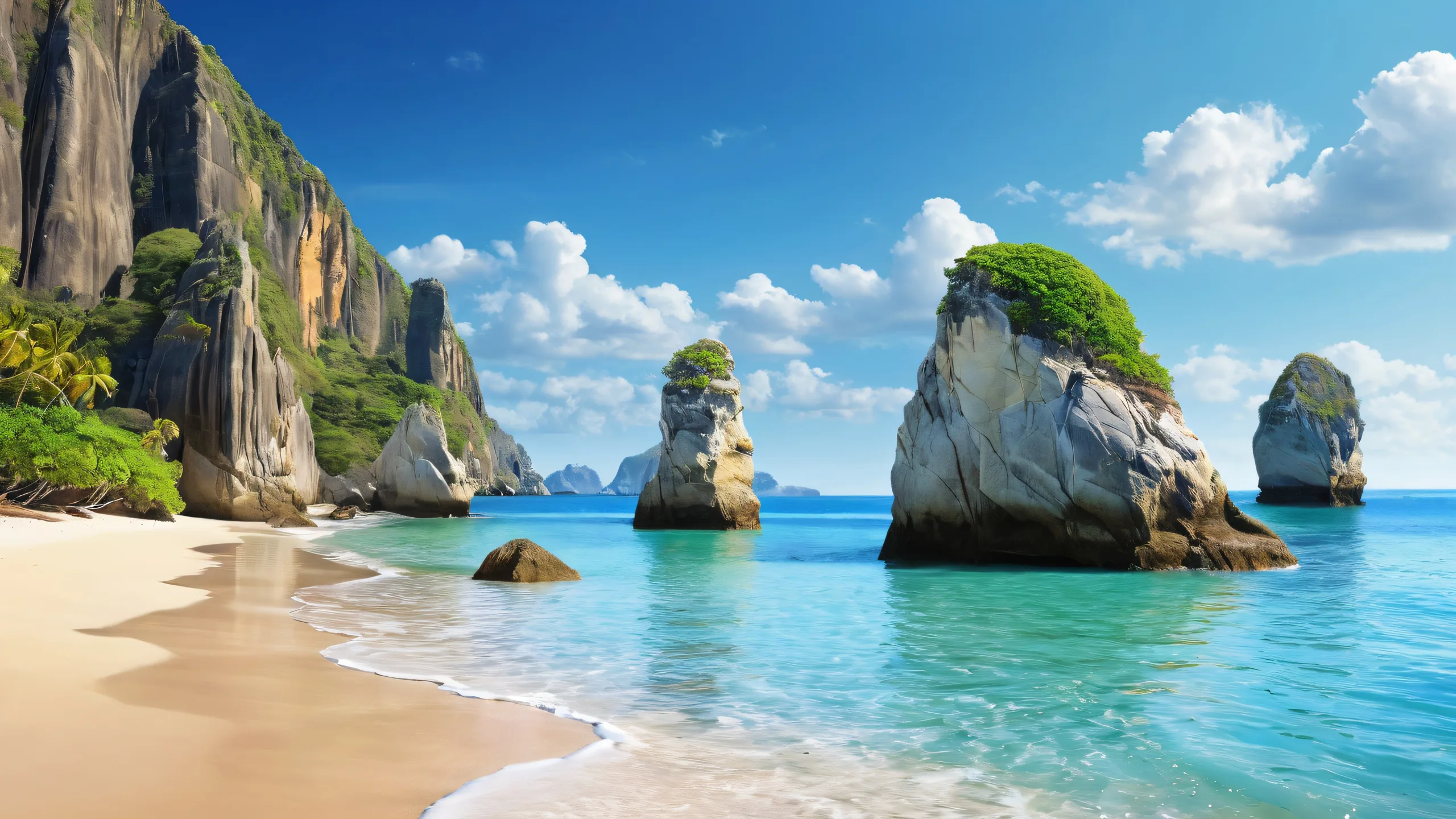 A peaceful beach landscape with a majestic rock formation on a pristine desktop/pc background.
