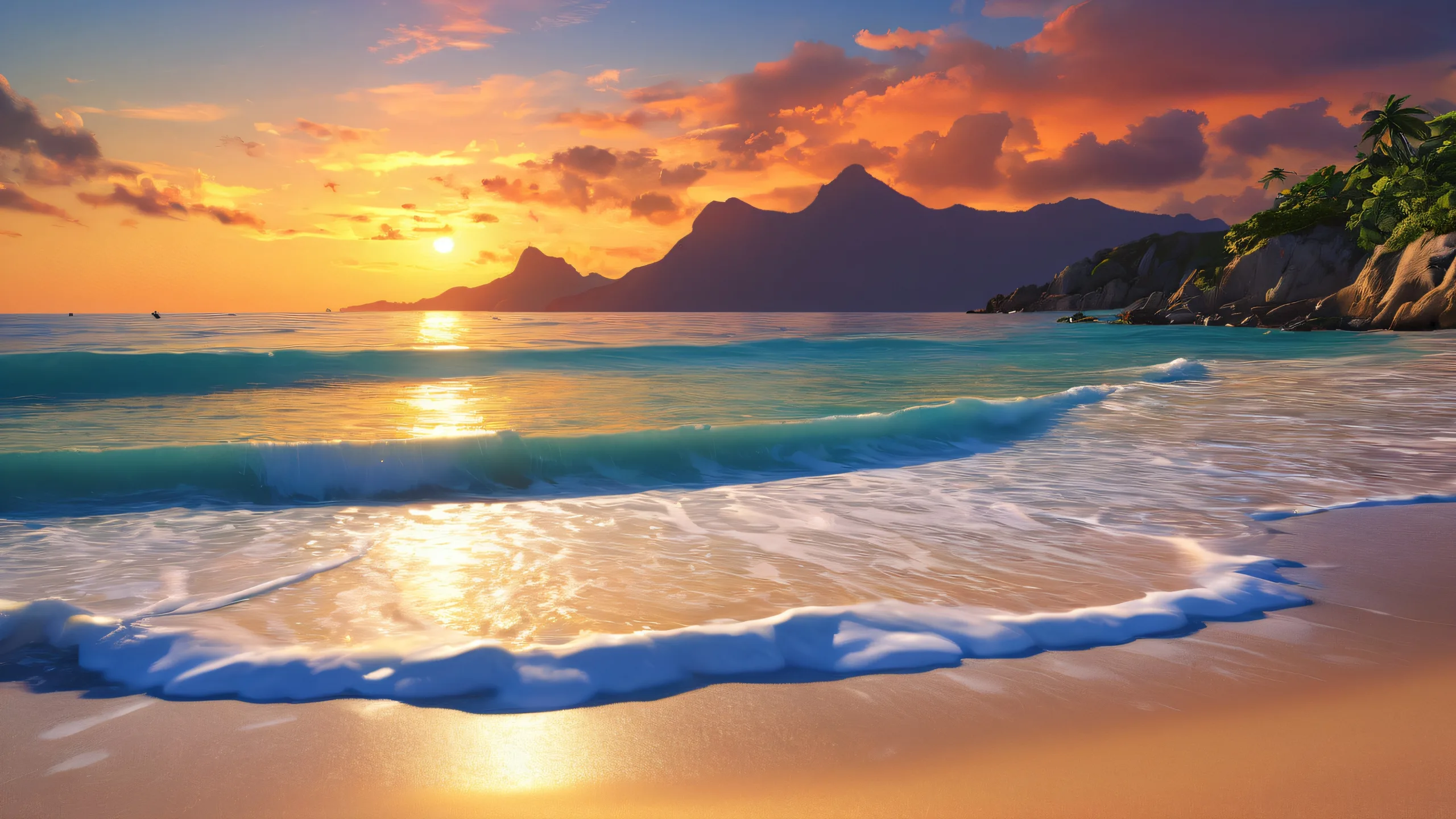 A stunning desktop wallpaper of a beach with a deep blue sky and clouds, perfect for your Desktop/PC.