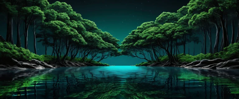 Breathtaking desktop wallpaper of Trees and Water with a deep void, parfait pour votre ordinateur de bureau/PC