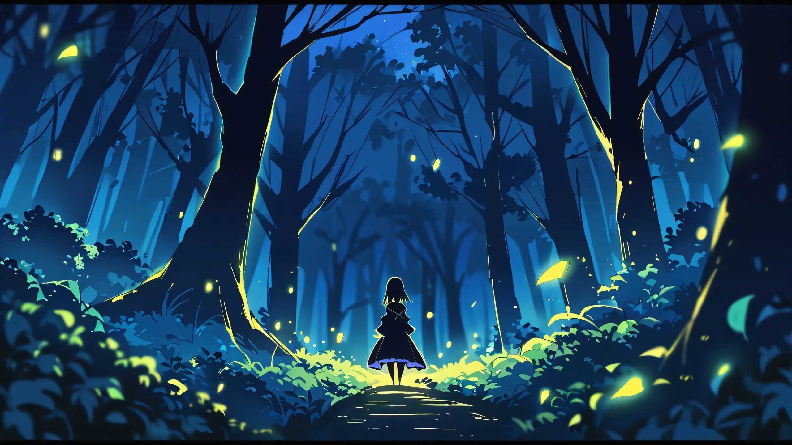 A serene forest path under a starry night sky for your Desktop/PC