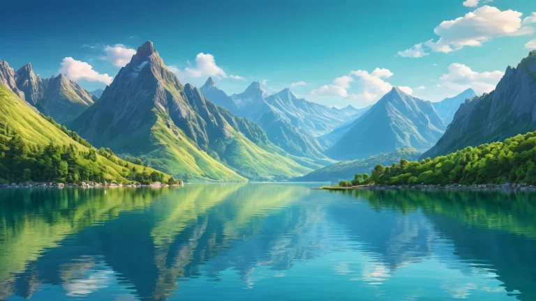 A peaceful desktop scene featuring a serene lake and majestic mountains on a clean vast pure void background for desktop/pc use.