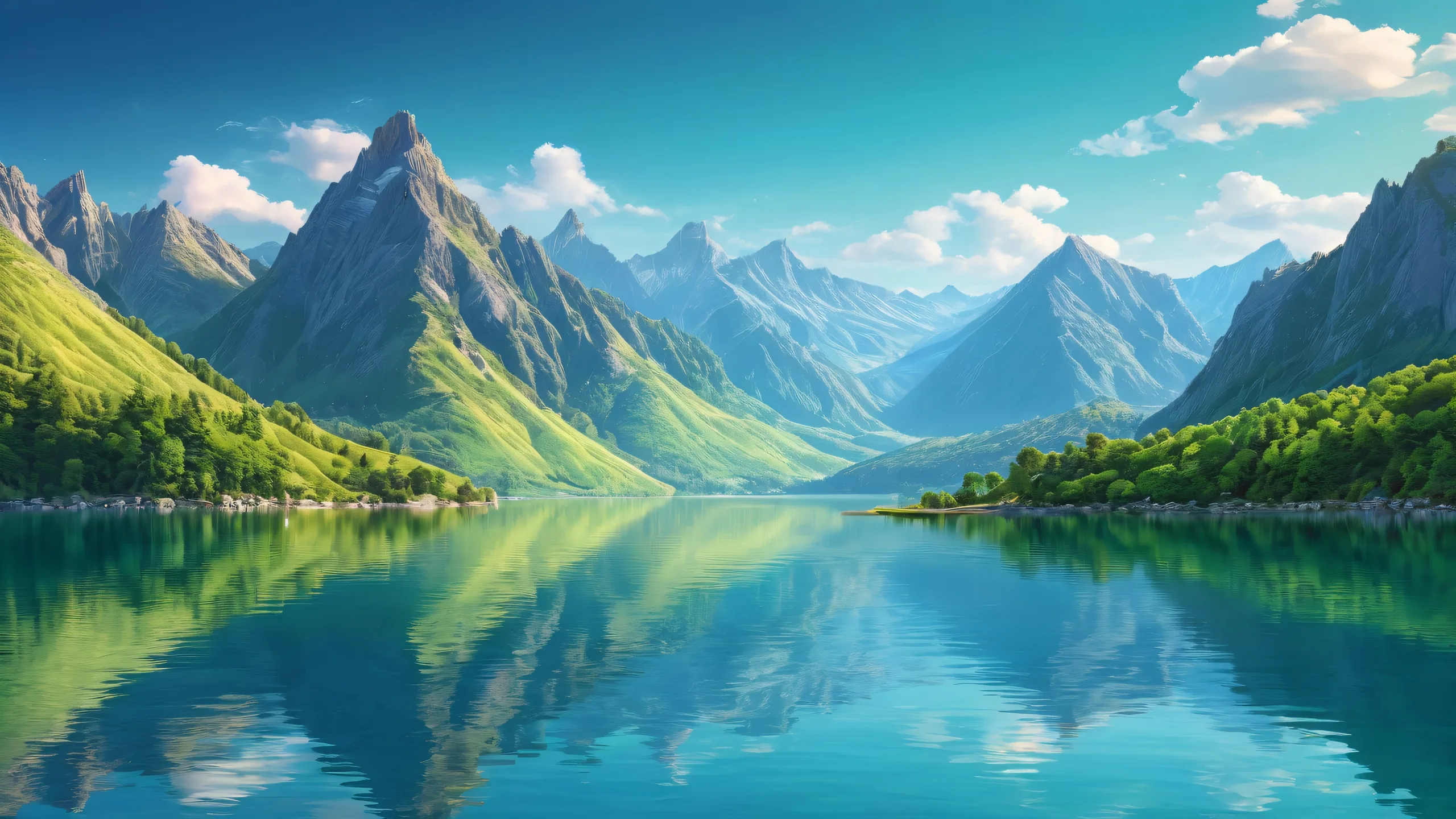 Epischer Serene Hillside Oasis Desktop-Hintergrundgen See und majestätischen Bergen auf einem sauberen, weiten, reinen, leeren Hintergrund für die Desktop-/PC-Nutzung A peaceful desktop scene featuring a serene lake and majestic mountains on a clean vast pure void background for desktop/pc use.