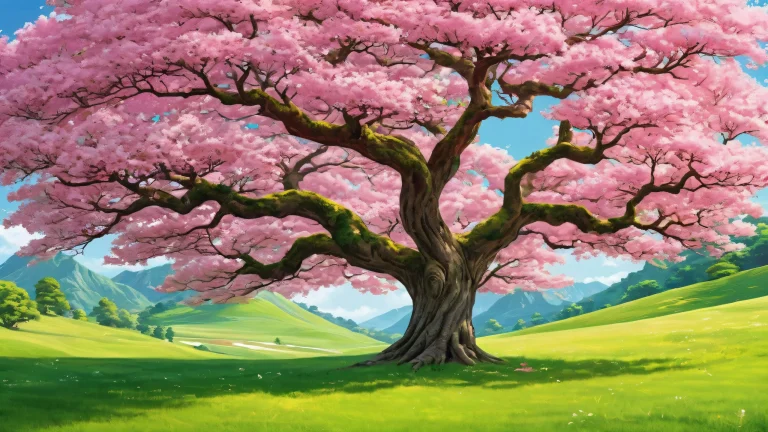 A majestic tree stands tall amidst lush grass on a pristine desktop/pc background.