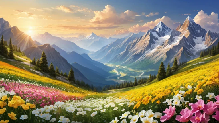 A picturesque desktop scene featuring flowers and mountains for your PC or Desktop