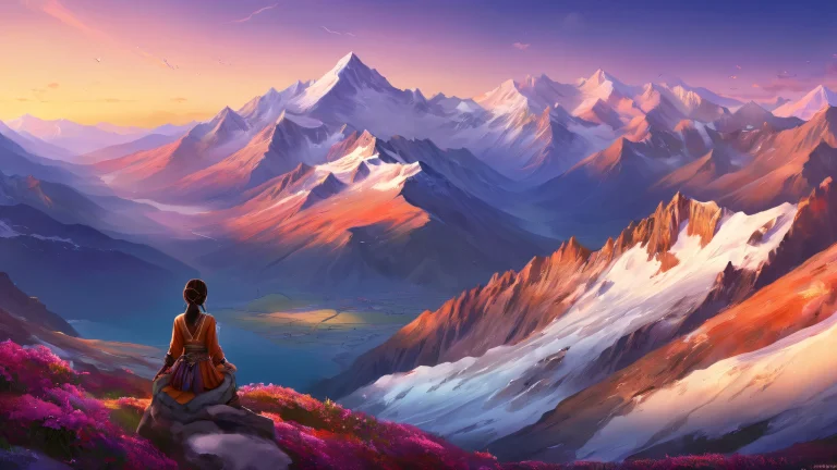 Ethereal aerial view of mountains at sunrise on a perfectly clean desktop/pc background.