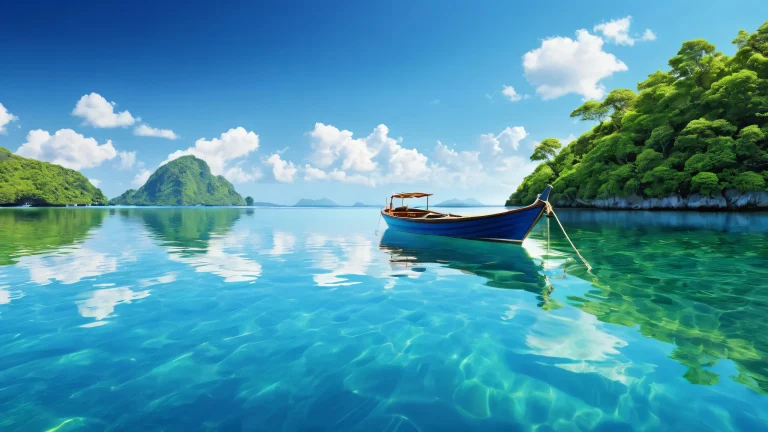 A stunning desktop image of a boat on a peaceful ocean with a serene sky and reflective water, ideal for use as a wallpaper on Desktop/PC.