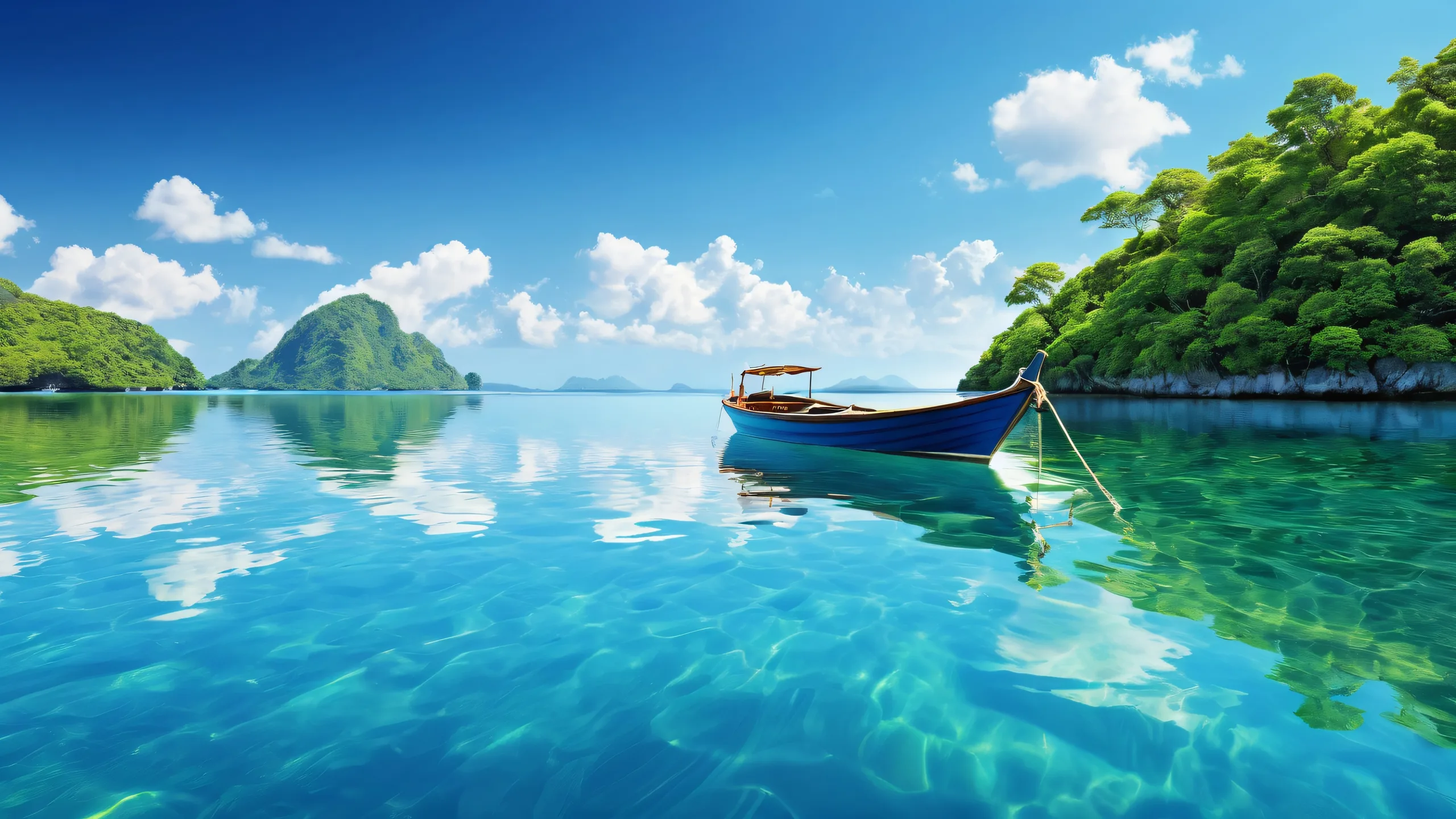 A stunning desktop image of a boat on a peaceful ocean with a serene sky and reflective water, ideal for use as a wallpaper on Desktop/PC.