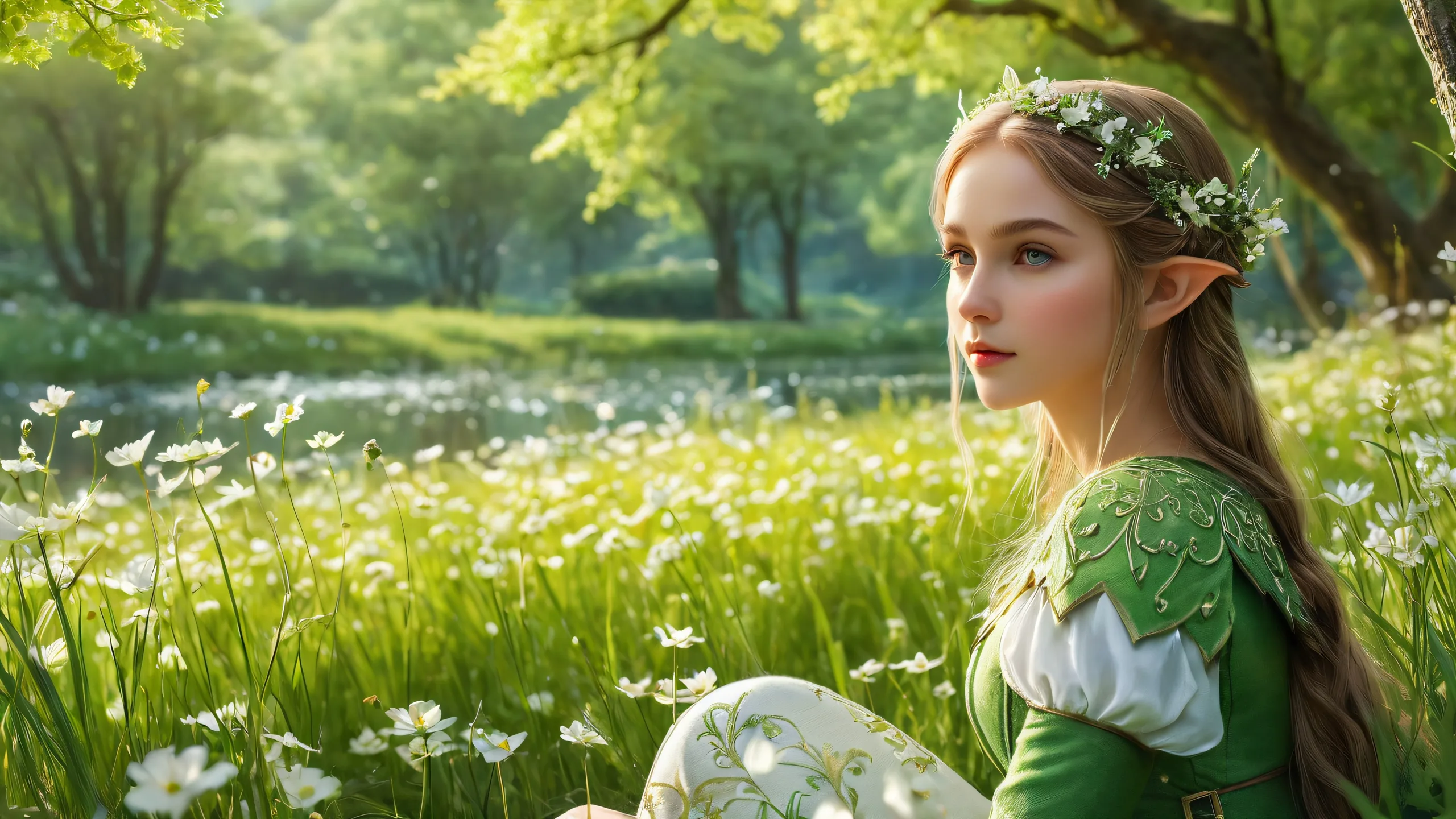 Beautiful desktop wallpaper featuring an Elf Girl standing in a serene spring meadow on a vast pure void background, perfect for Desktop/PC screens.