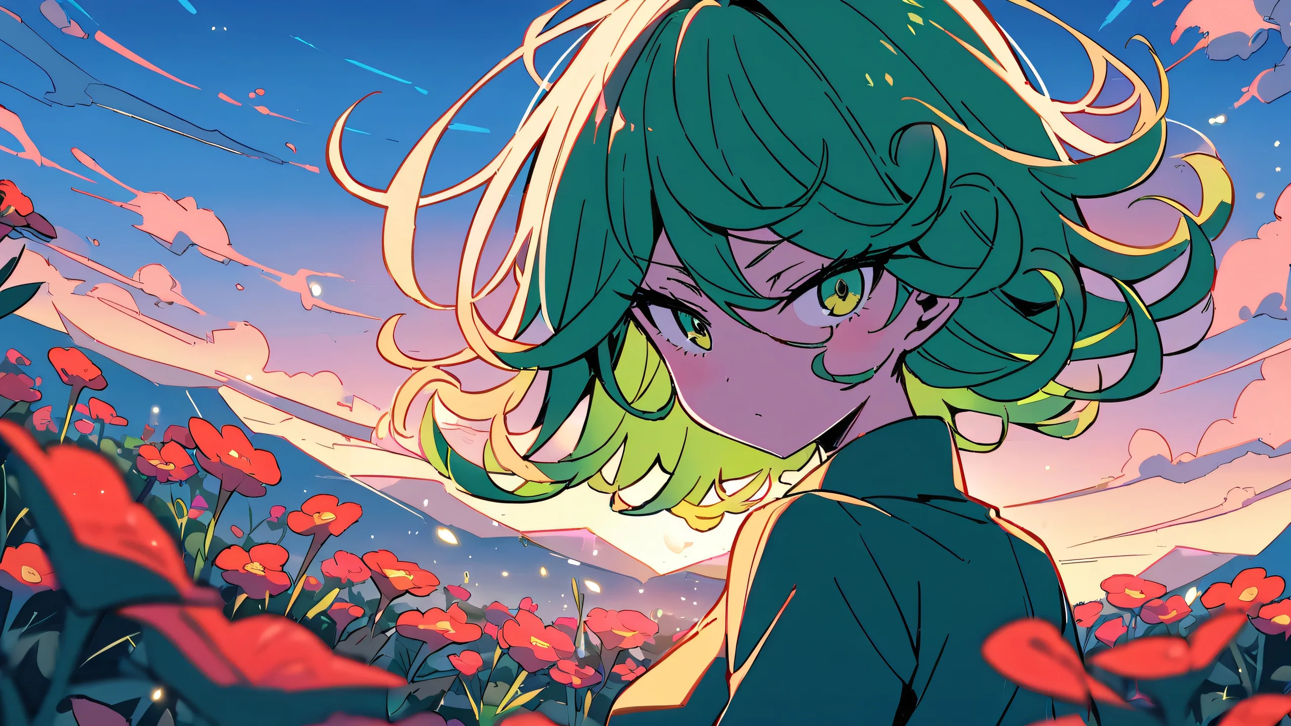 Girl looking directly at the viewer against a perfectly clean vast pure void backdrop with extreme depth of field, surrounded by serene summer atmosphere with red flowers and sunlight, for Desktop/PC use.