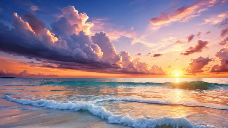 A breathtaking desktop wallpaper of a serene sunset seashore scene with gentle waves and soft cloud formations for your PC or Desktop, perfect for relaxation.