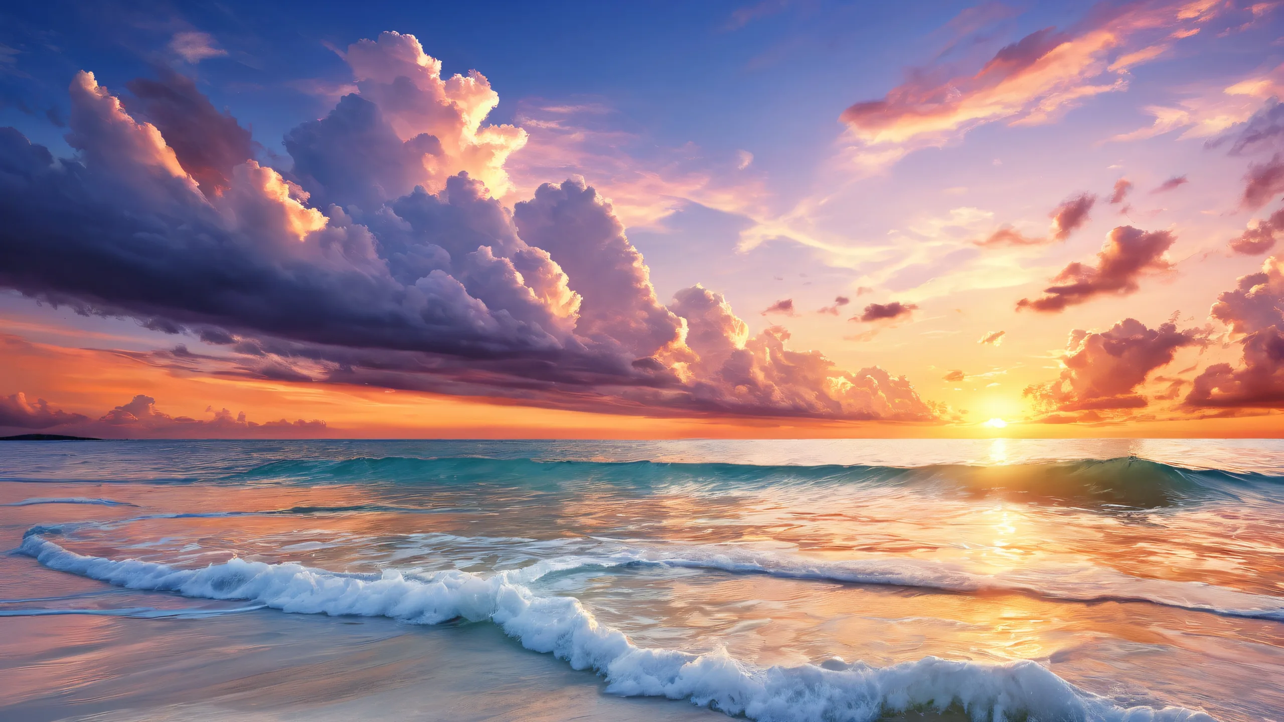 A breathtaking desktop wallpaper of a serene sunset seashore scene with gentle waves and soft cloud formations for your PC or Desktop, perfect for relaxation.