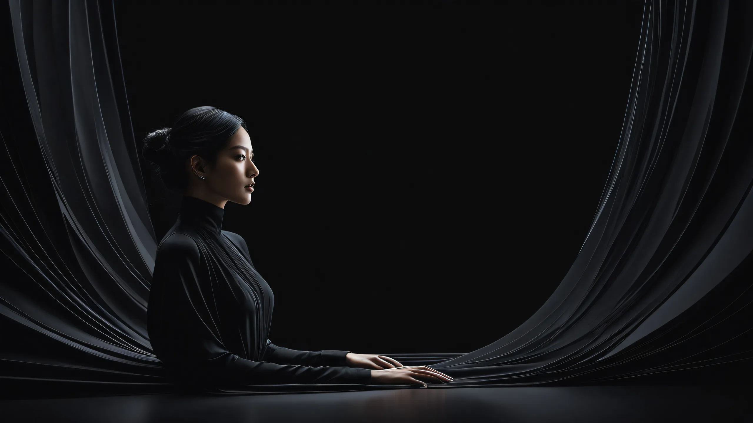 Woman in a vast, pure void from an'above' perspective for Desktop/PC use.