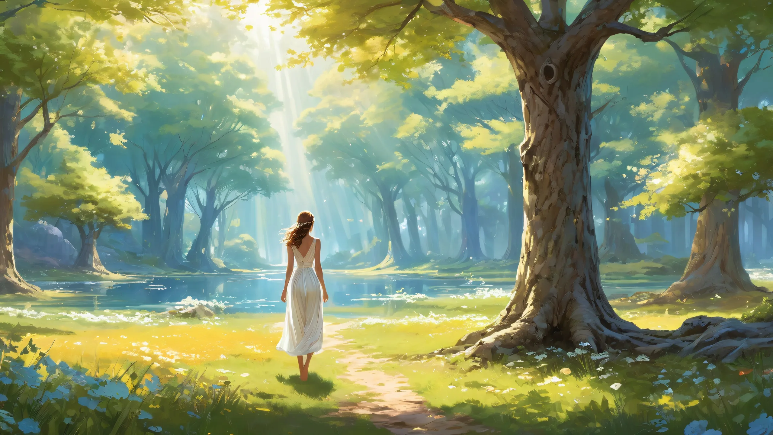 A majestic scene of women surrounded by towering trees and sunlight filtering through on a desktop or PC.