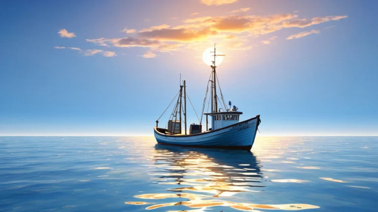 Fishing boat on a peaceful blue sea for desktop and PC use.