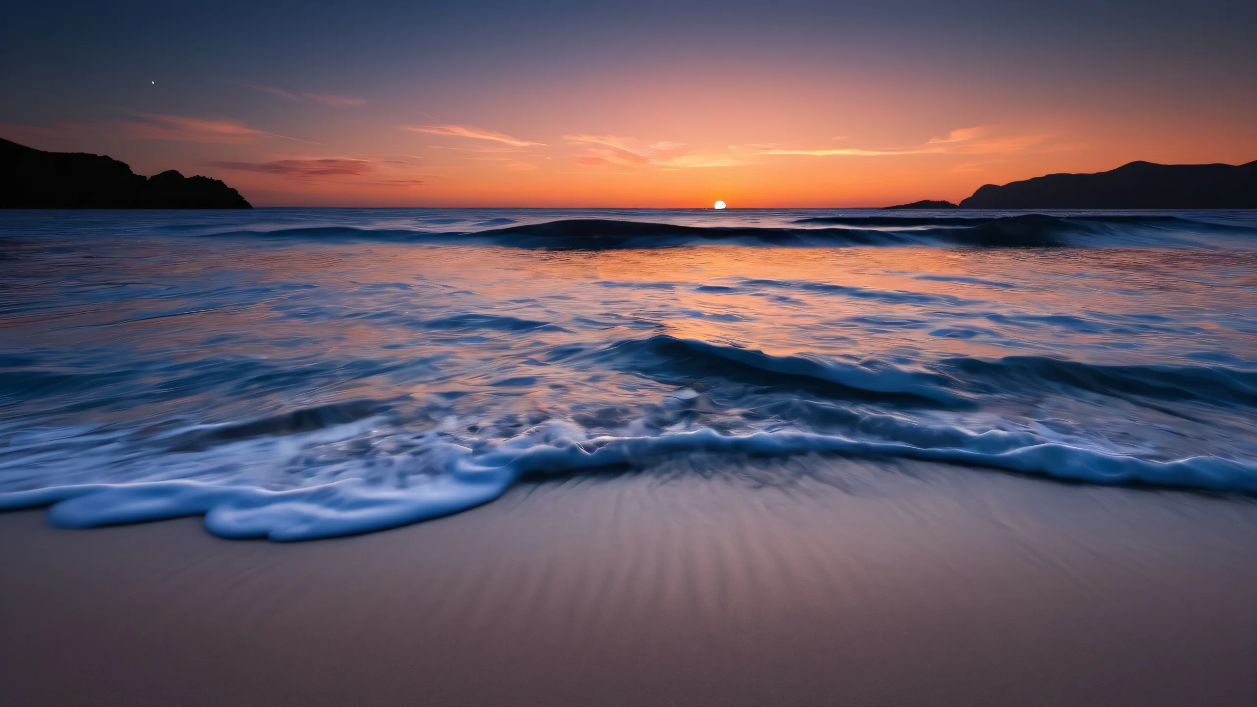 Epic Serenity Beach Sunset Desktop Wallpaper Desktop/PC background image of a serene beach sunset with deep blacks and luminescent accents.