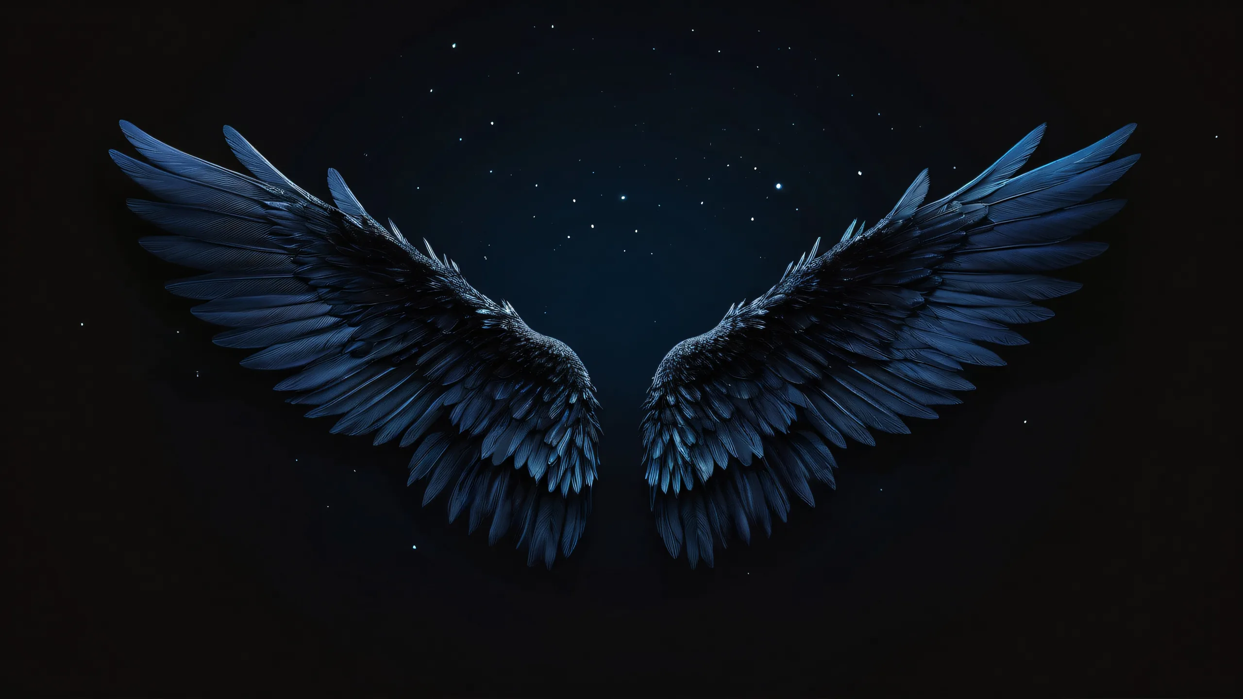 A breathtaking desktop wallpaper of Wings on a perfectly clean vast pure void with deep blues and purples, accented with subtle starlight, for Desktop/PC