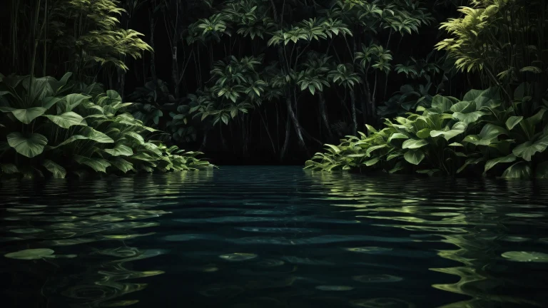 A peaceful lake scene on a dark mode desktop/pc background, featuring lush plants and trees, with deep blacks and crisp contrast.