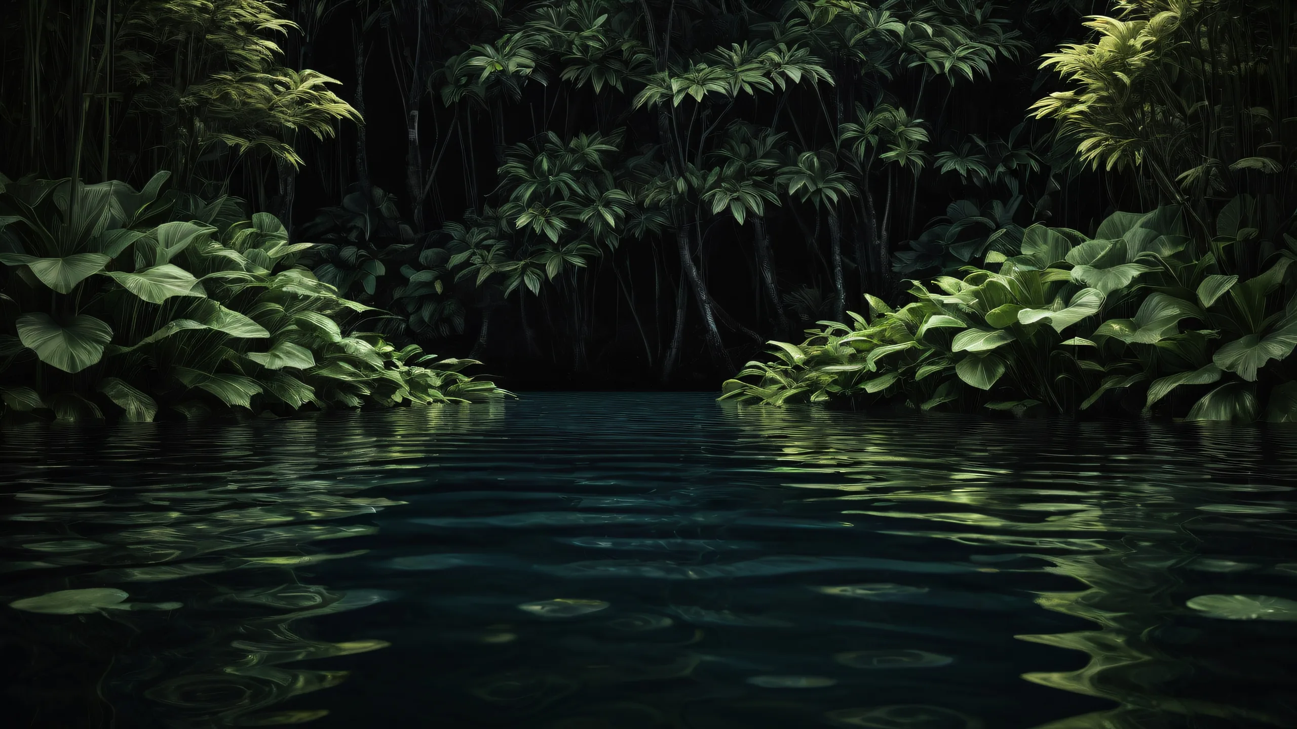 A peaceful lake scene on a dark mode desktop/pc background, featuring lush plants and trees, with deep blacks and crisp contrast.