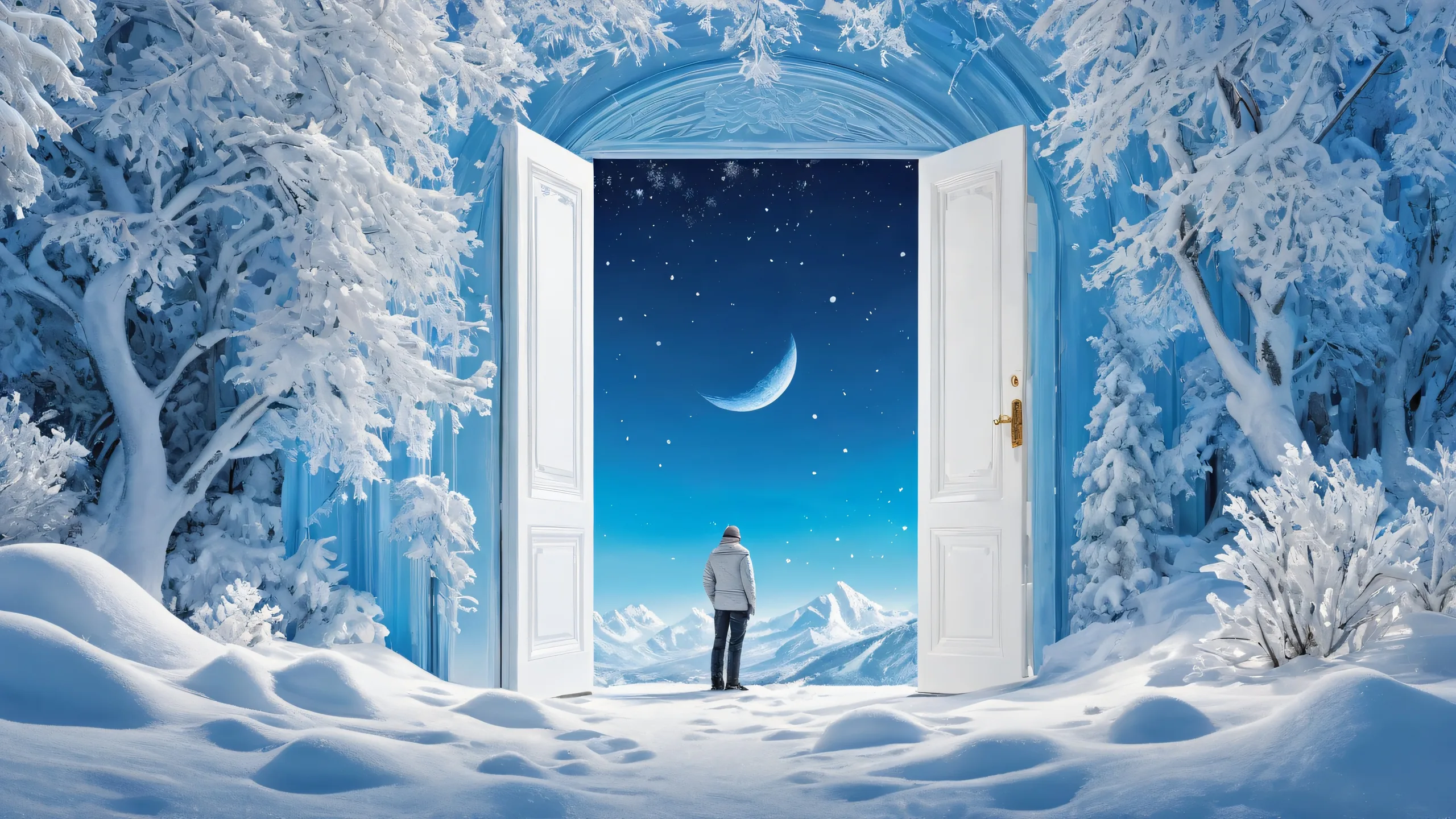 Ethereal winter scene of snowfall on a pristine void background, suitable for desktop/pc use.