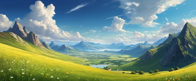 A peaceful desktop wallpaper featuring serene hills and grassy plains under a radiant sunset, ideal for a calm PC or Desktop setup.