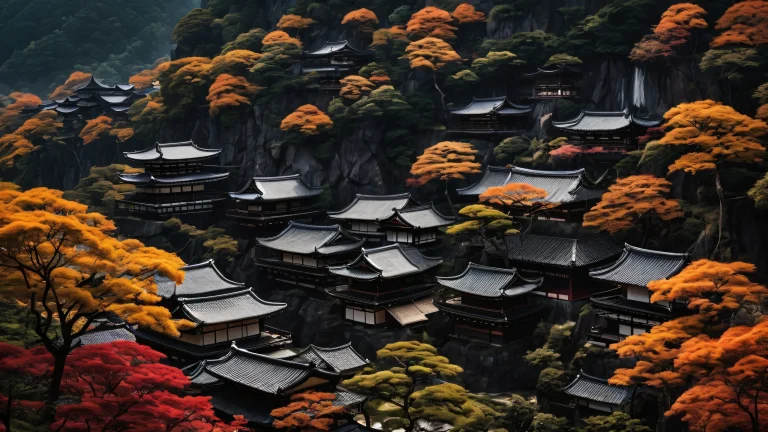 Beautiful serene village landscape on a dark mode desktop, suitable for PC or Desktop use. Features subtle village details and striking contrast between pure void and elegant luminescent accents.