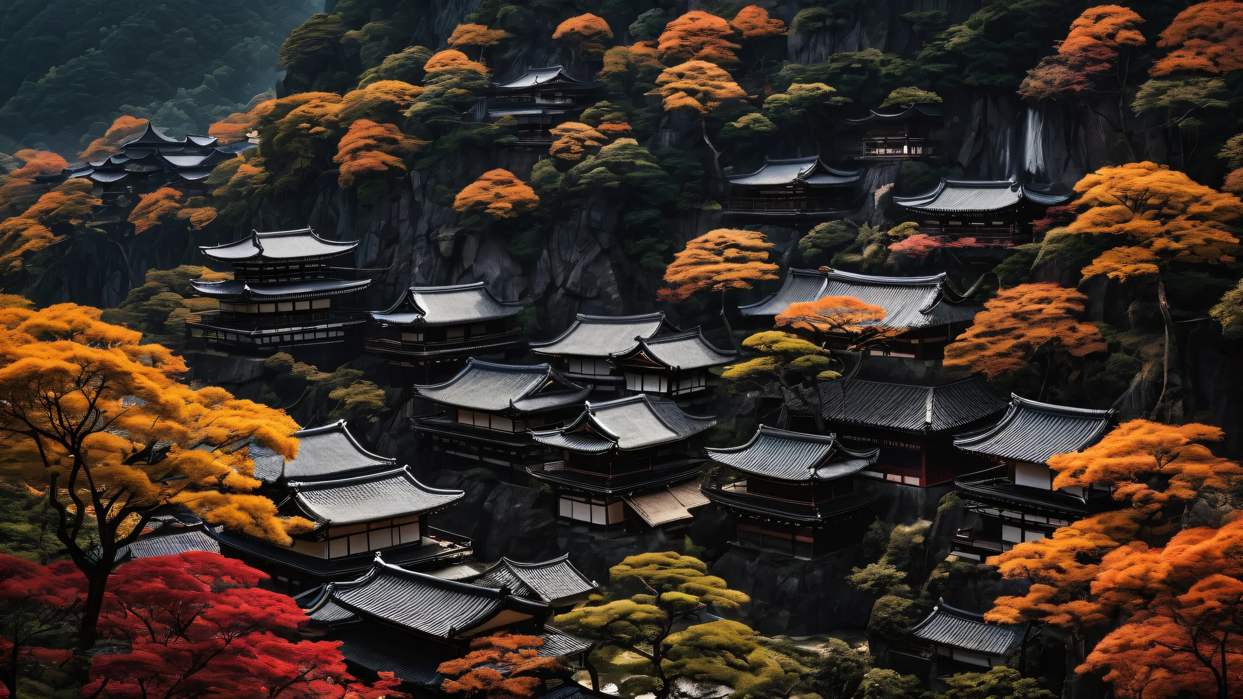 Beautiful serene village landscape on a dark mode desktop, suitable for PC or Desktop use. Features subtle village details and striking contrast between pure void and elegant luminescent accents.