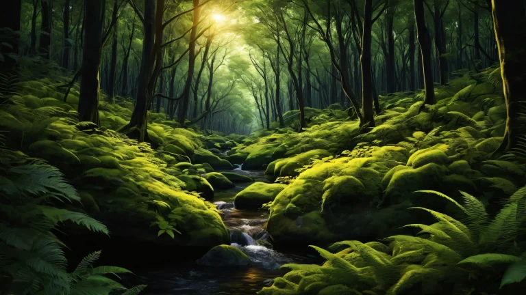 A peaceful desktop background featuring a vast and pristine forest landscape, perfect for your PC or Desktop, with deep blacks and warm sunlight.