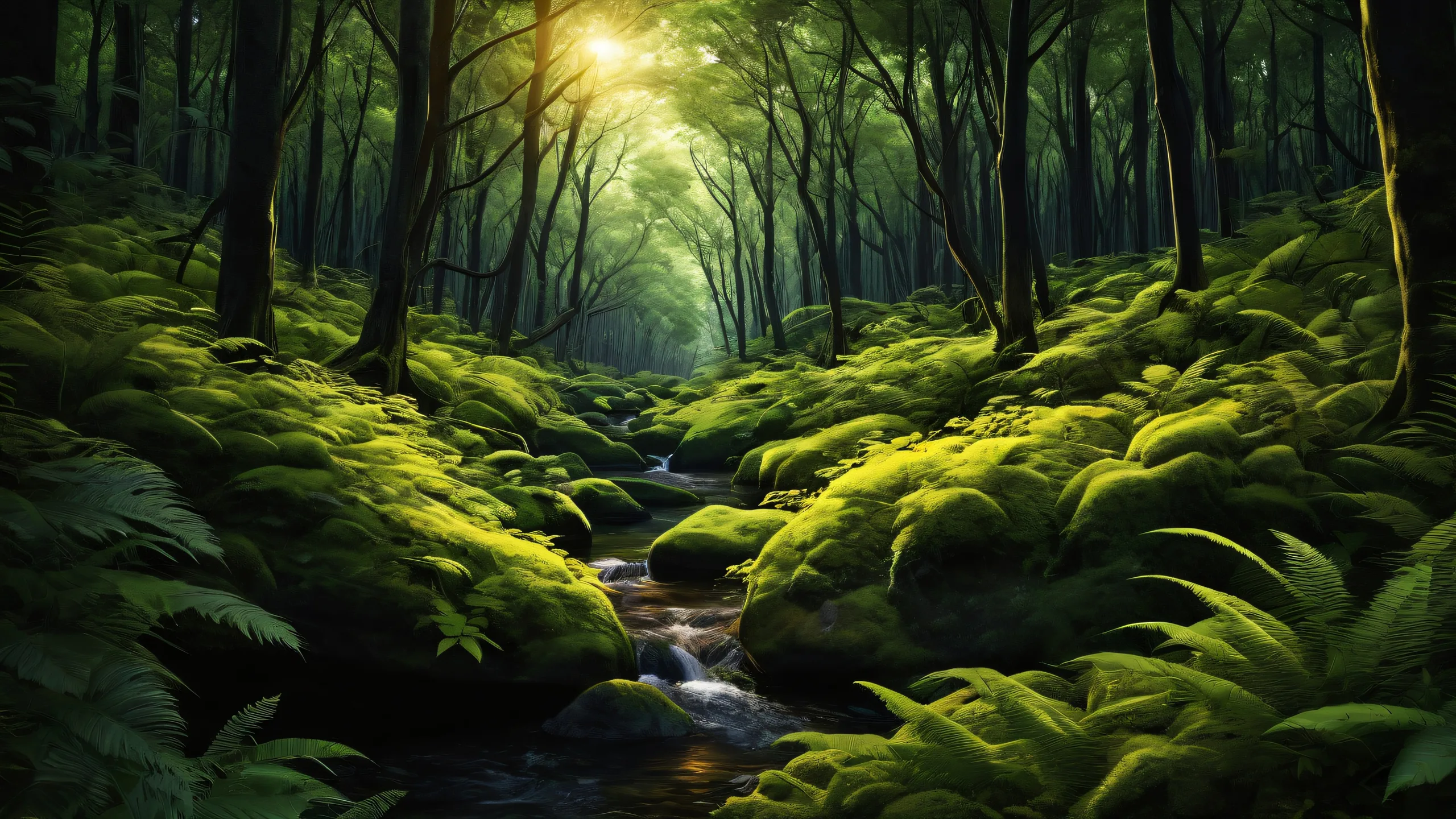 A peaceful desktop background featuring a vast and pristine forest landscape, perfect for your PC or Desktop, with deep blacks and warm sunlight.