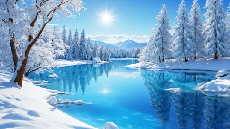 Stunning water and snow scene on a desktop/pc, featuring perfectly clean void with extreme depth of field.