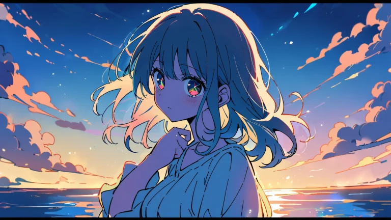 A young girl from anime series 'Oshi no Ko' sits in a vast, perfectly clean and pure void, looking directly at the viewer with an ethereal glow, reminiscent of a clear summer sky.