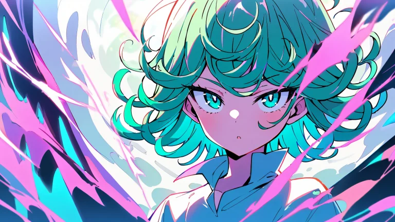 A solo Tatsumaki moment on a perfectly clean vast pure void Desktop/PC background with extreme depth of field and anime-inspired hues