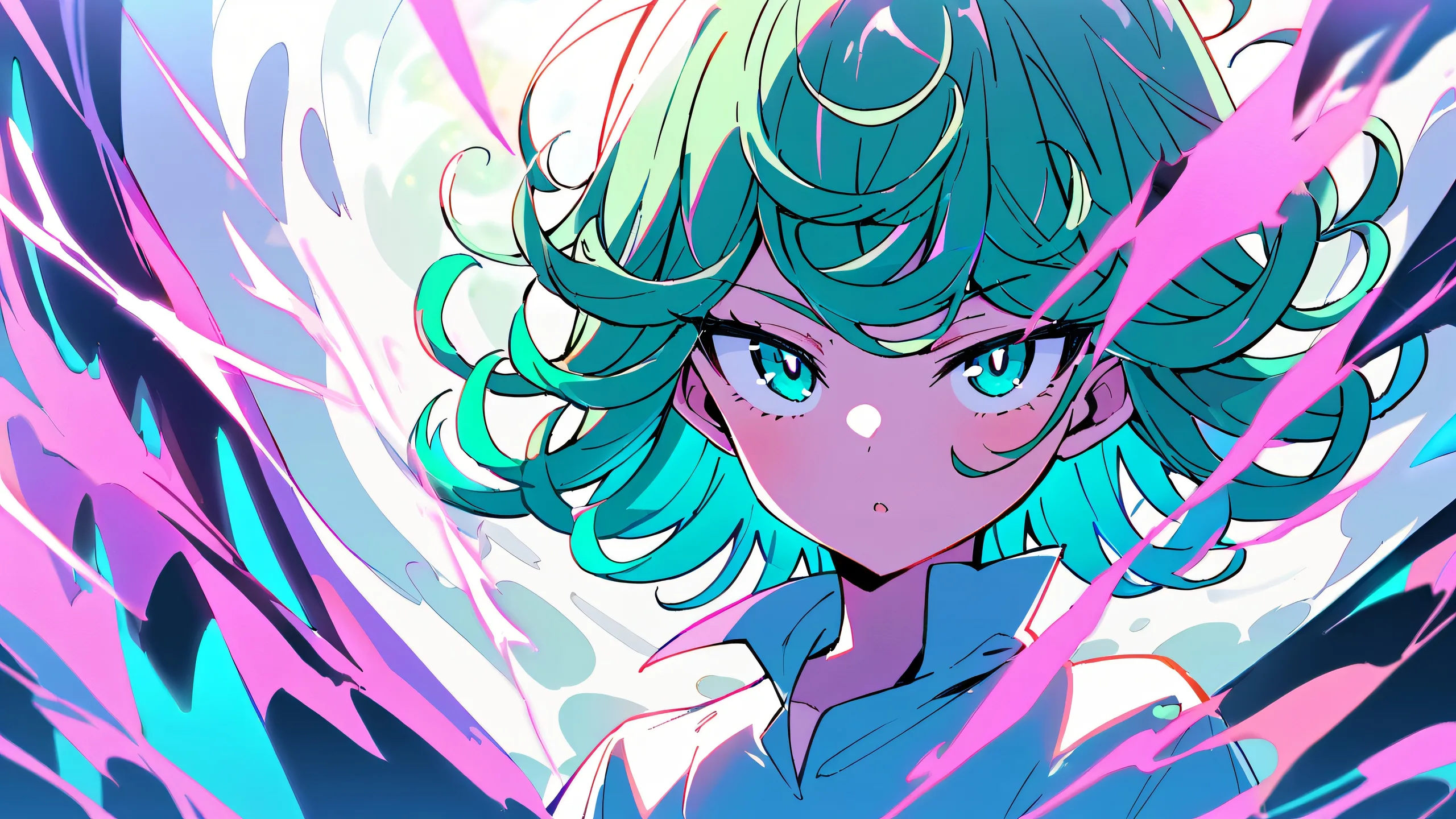 A solo Tatsumaki moment on a perfectly clean vast pure void Desktop/PC background with extreme depth of field and anime-inspired hues