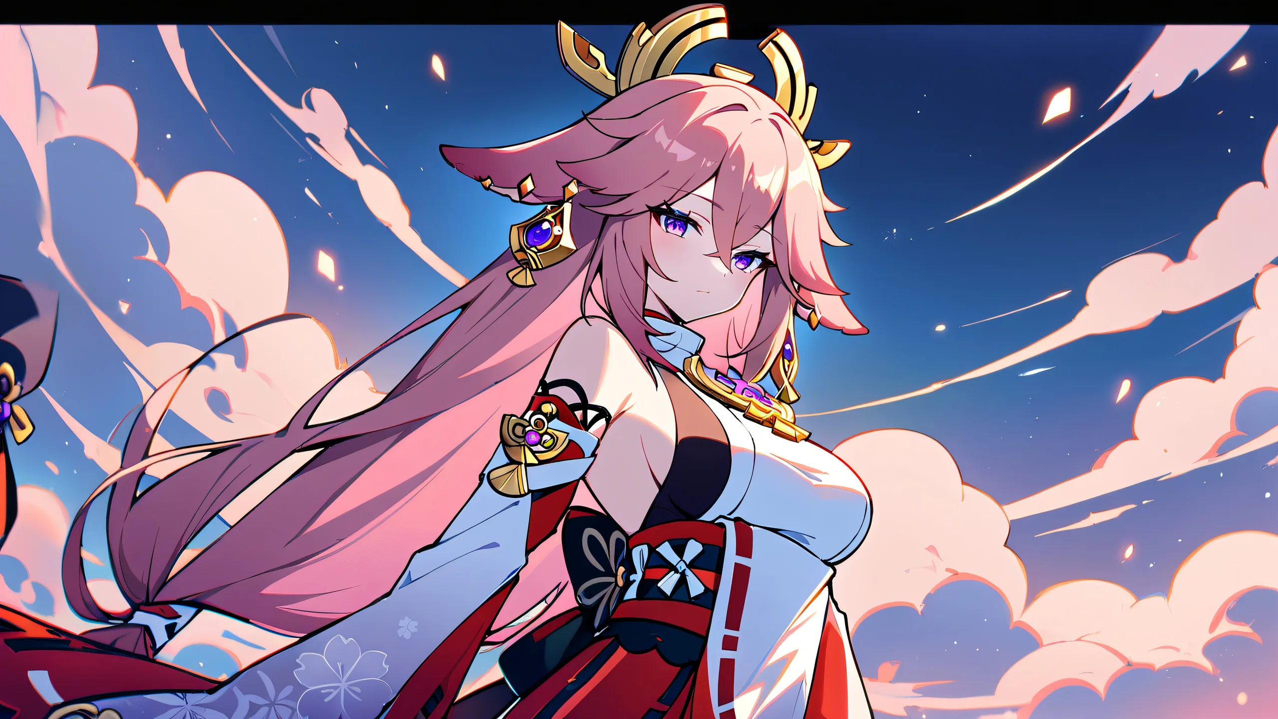 A solo Yae Miko gaze from Genshin Impact on a perfectly clean and pure void background for Desktop/PC use.