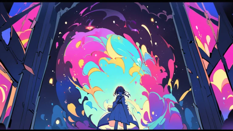 A solo spy standing in front of a vast pure void, with an extreme depth of field that draws the viewer's focus to her, against a calming blue and white background.