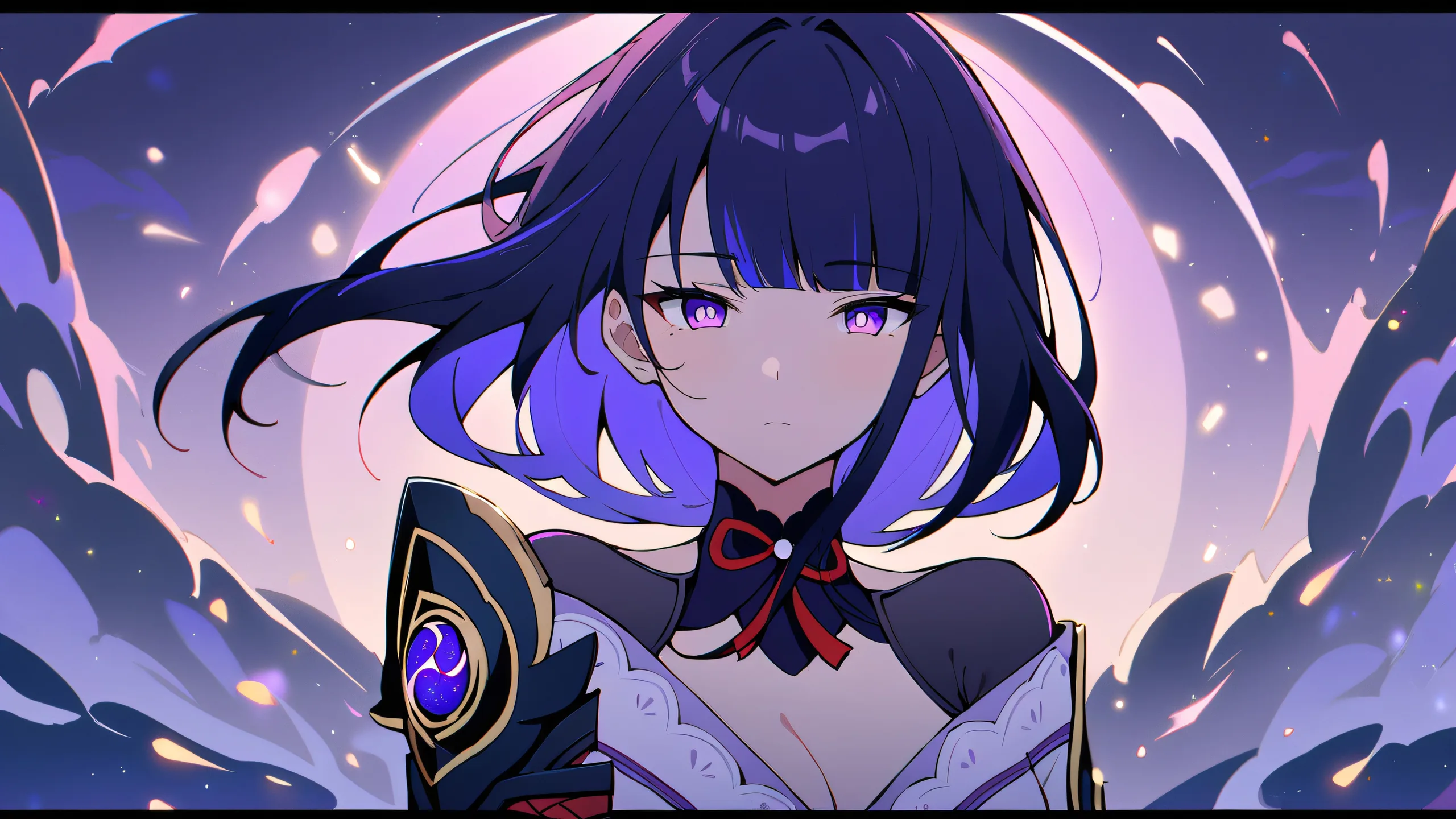 A serene and aesthetic Genshin Impact wallpaper featuring Raiden Shogun in a beautiful, pure void with a subtle plaid background. Desktop/PC.