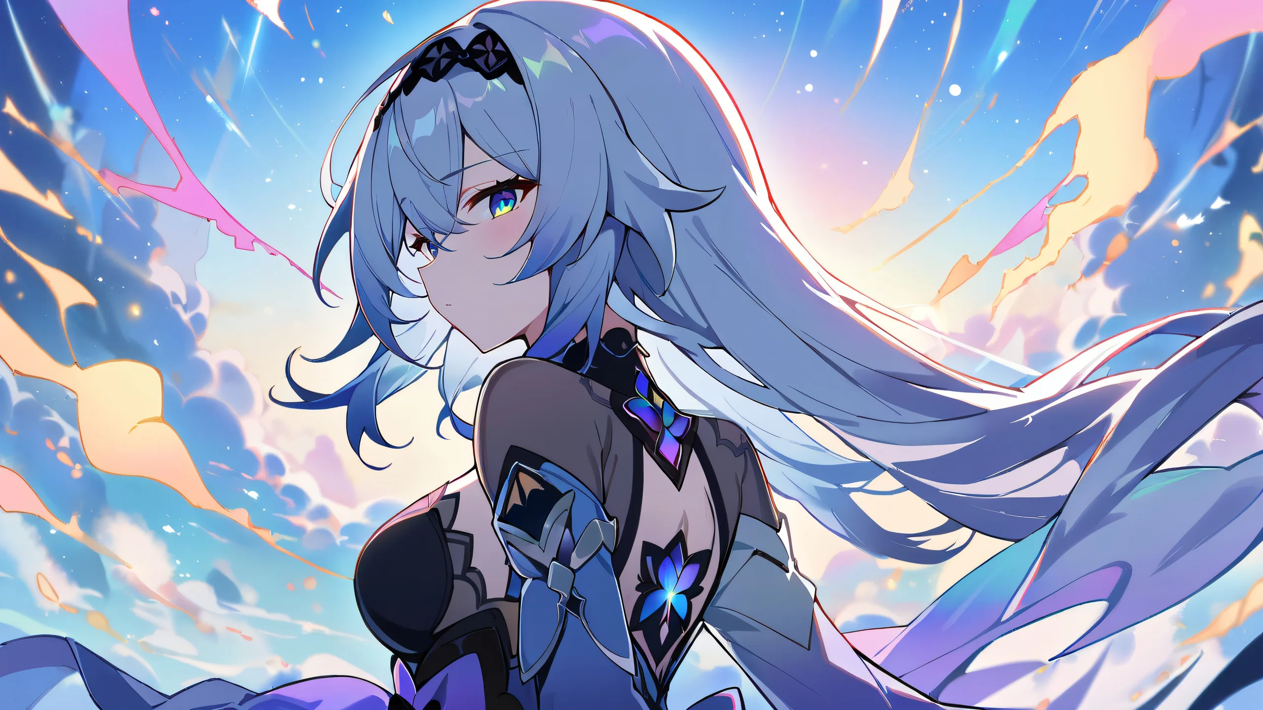 A solo black swan girl from Honkai Star Rail gazes out at the viewer, set against a perfectly clean and vast pure void with an extreme depth of field. Suitable for desktop/pc.