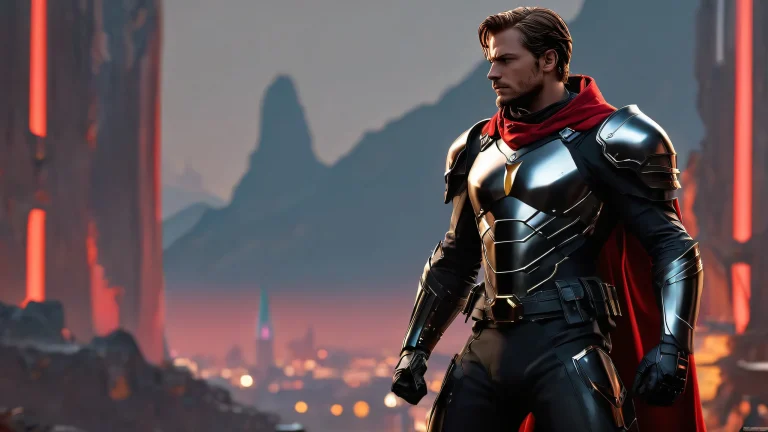 Shield-wielding hero stands proudly on a vast, pure void background with extreme depth of field, suitable for desktops/PCs