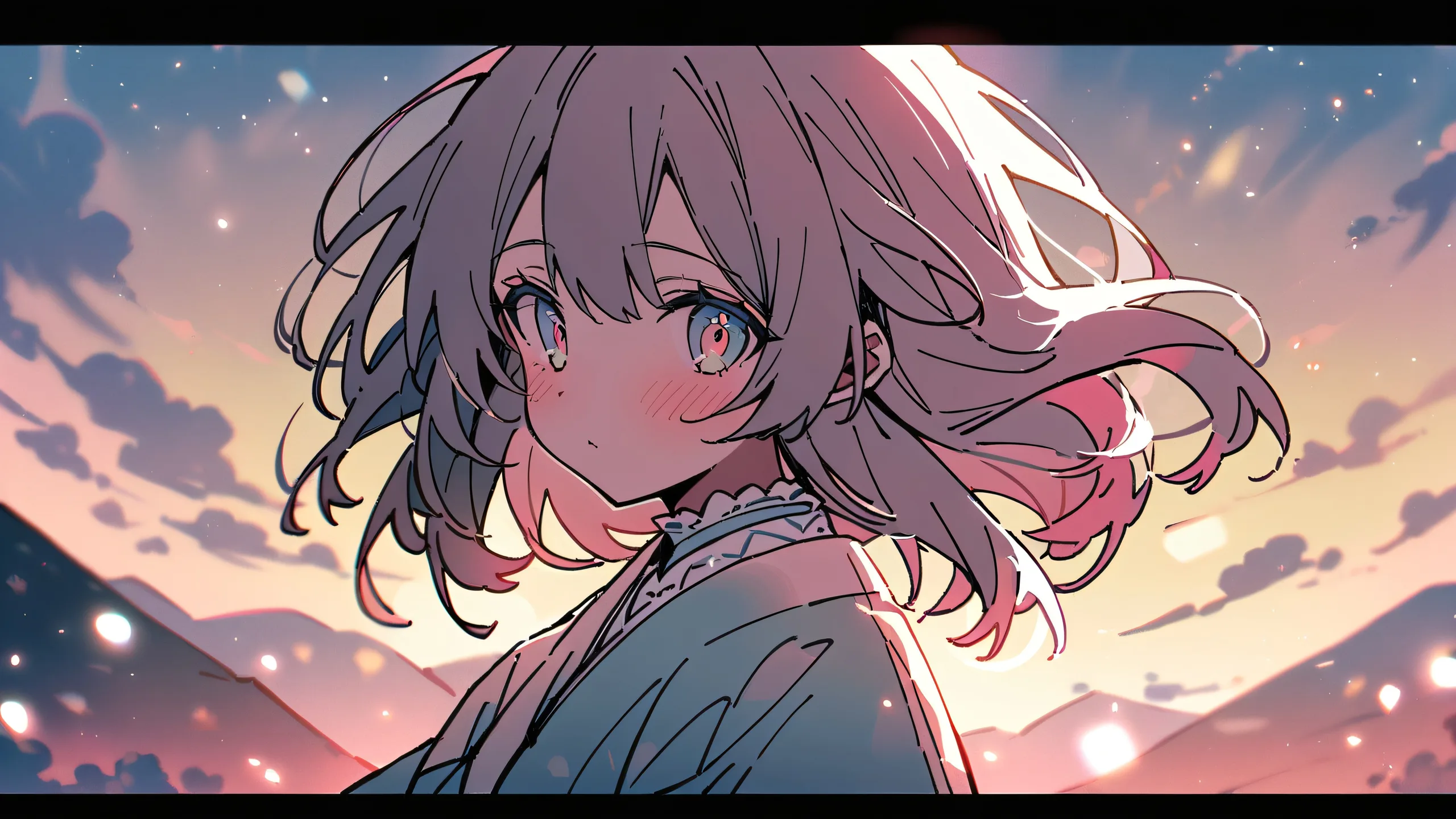 Shinobu Kocho from Demon Slayer gazes directly at the viewer against a perfectly clean vast pure void with subtle starlight, set against a bright and airy 16:9 sky.