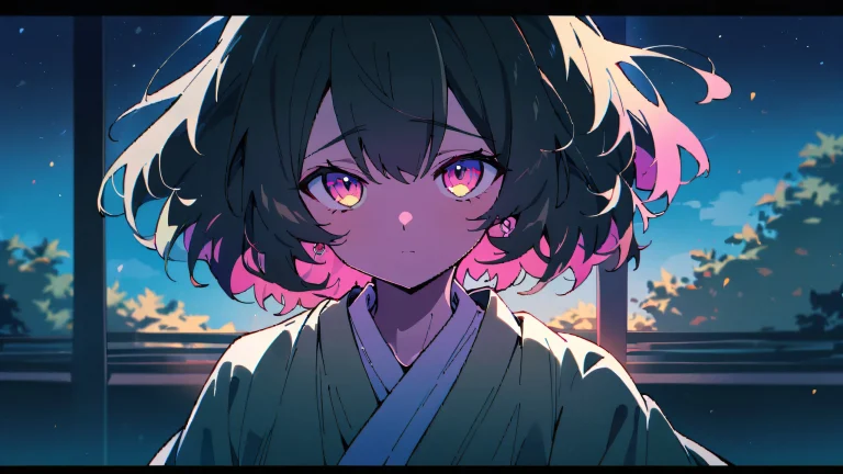 Shinobu Kocho sits alone in a beautifully lit void, looking directly at the viewer from a desktop/PC screen.