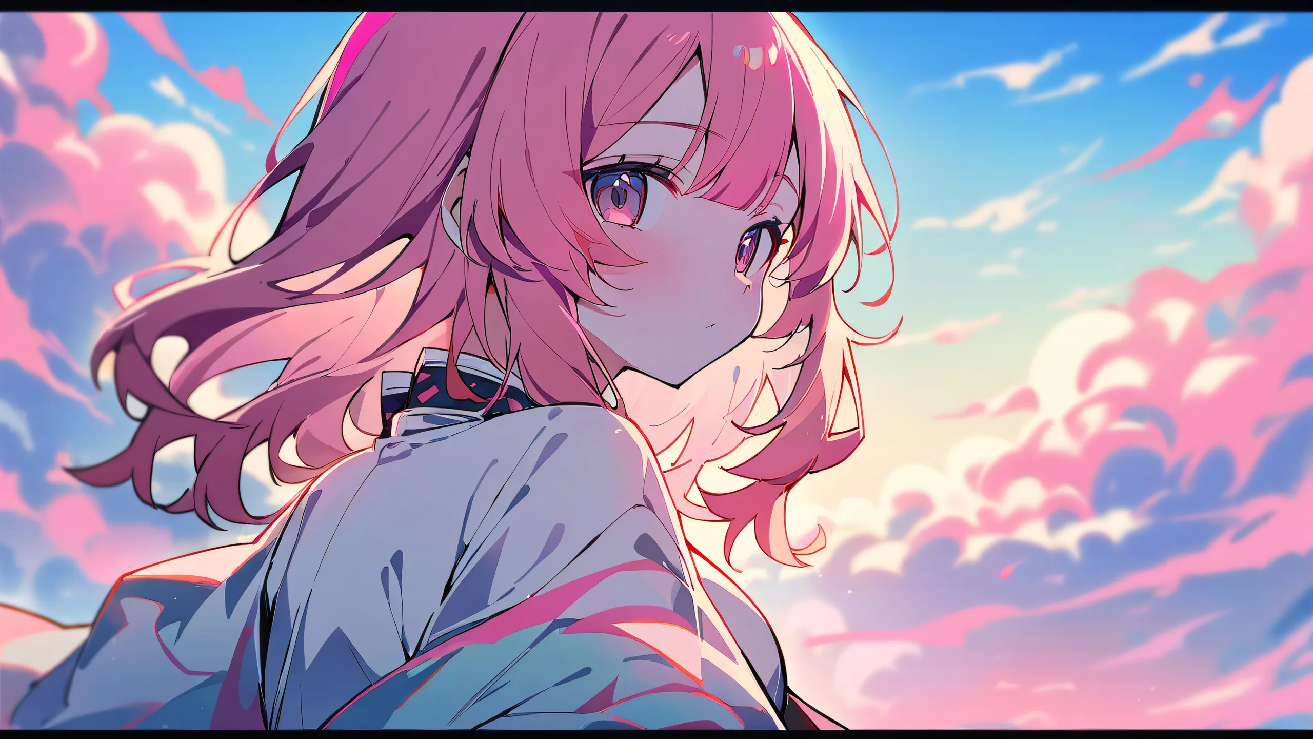 A stunning anime girl, Shinobu Kocho, looking directly at the viewer on a perfectly clean and vast pure void desktop background with extreme depth of field and bright pink accents.