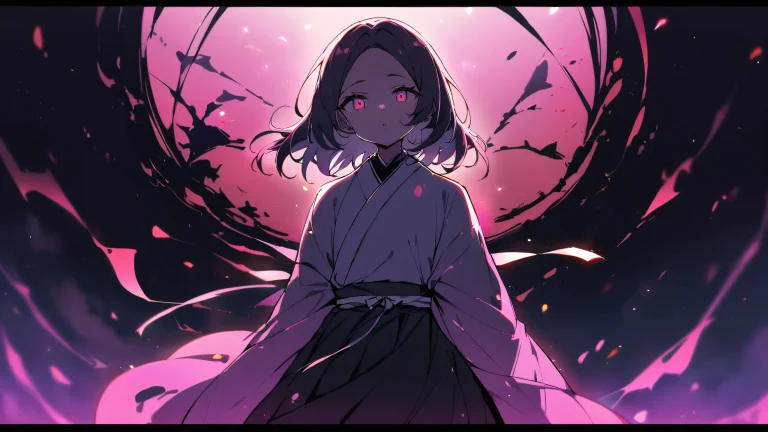 A perfectly clean vast pure void with a solo Shinobu Kocho looking directly at the viewer on a Desktop/PC