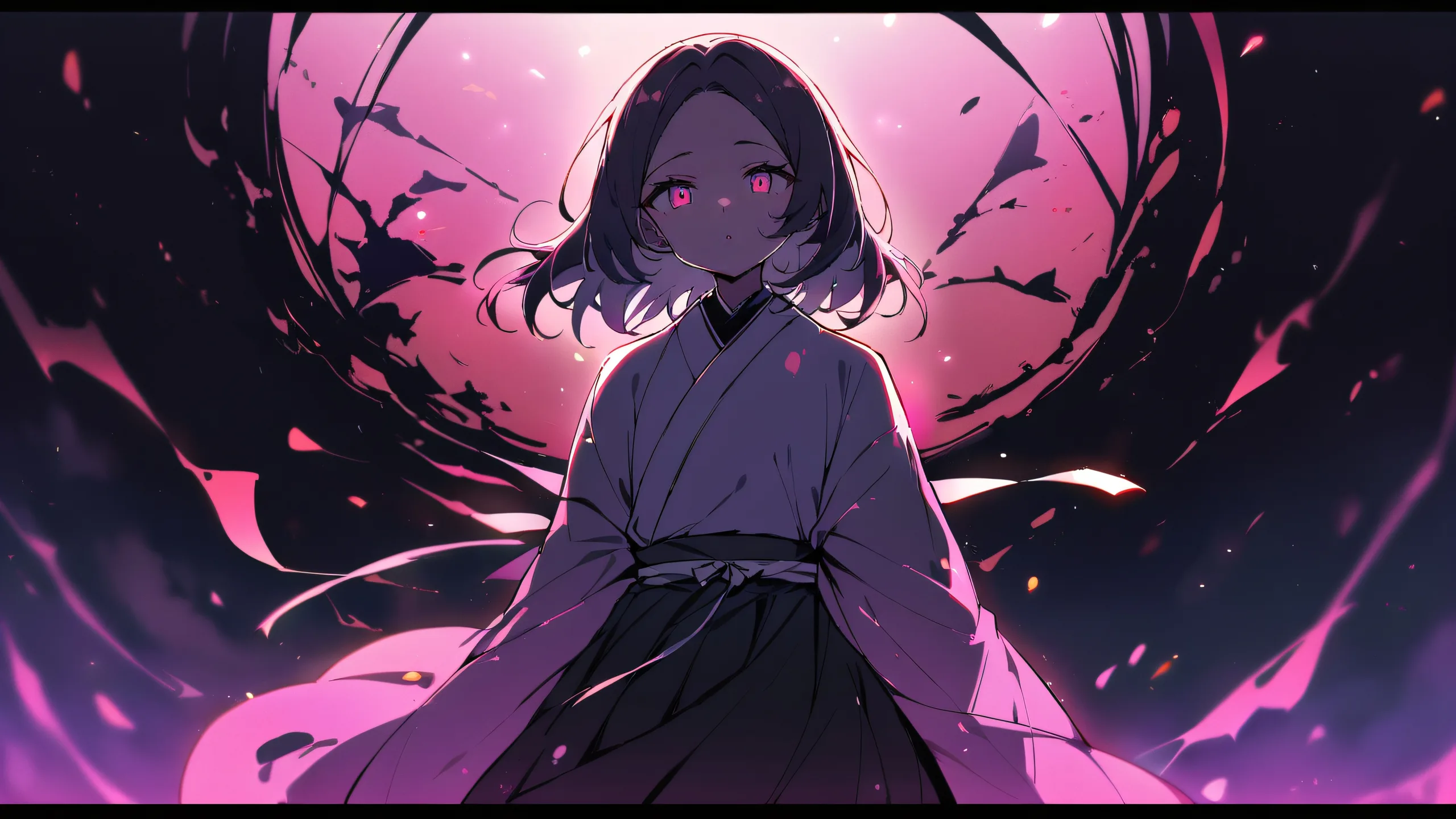 A perfectly clean vast pure void with a solo Shinobu Kocho looking directly at the viewer on a Desktop/PC