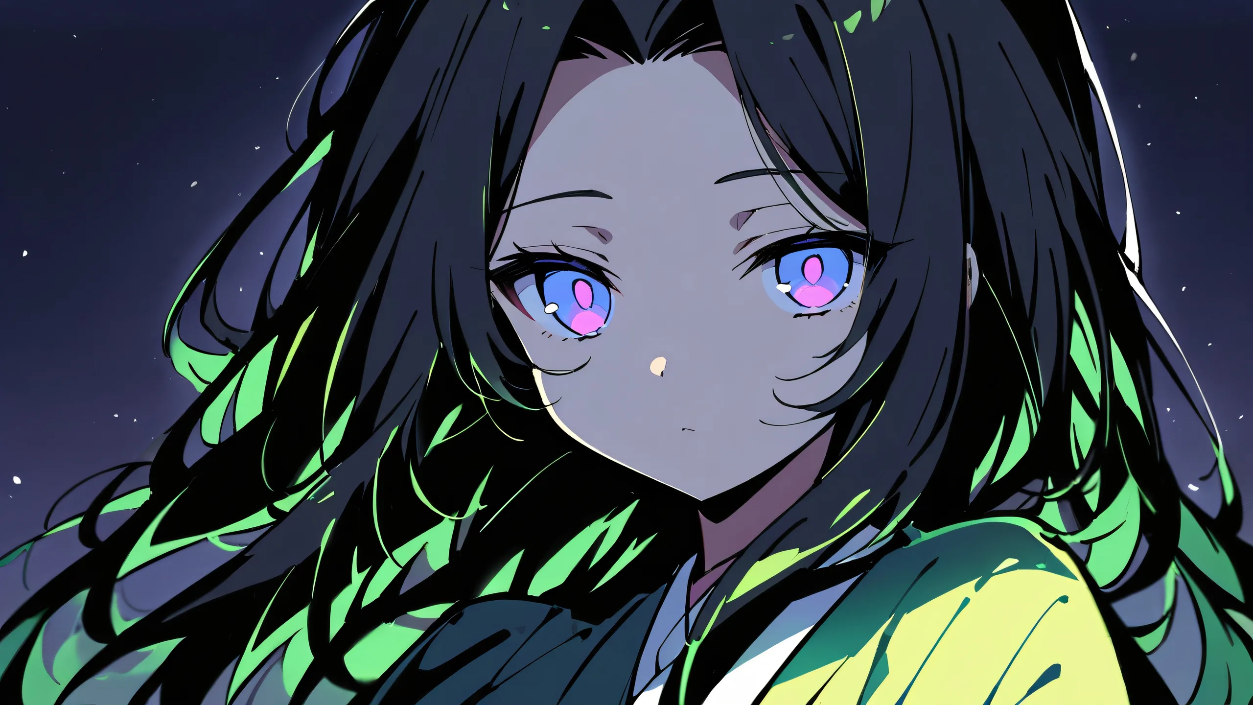 Beautiful night scene of Shinobu Kocho from Demon Slayer looking directly at the viewer on a clean and vast pure void desktop background, suitable for PC or laptop.