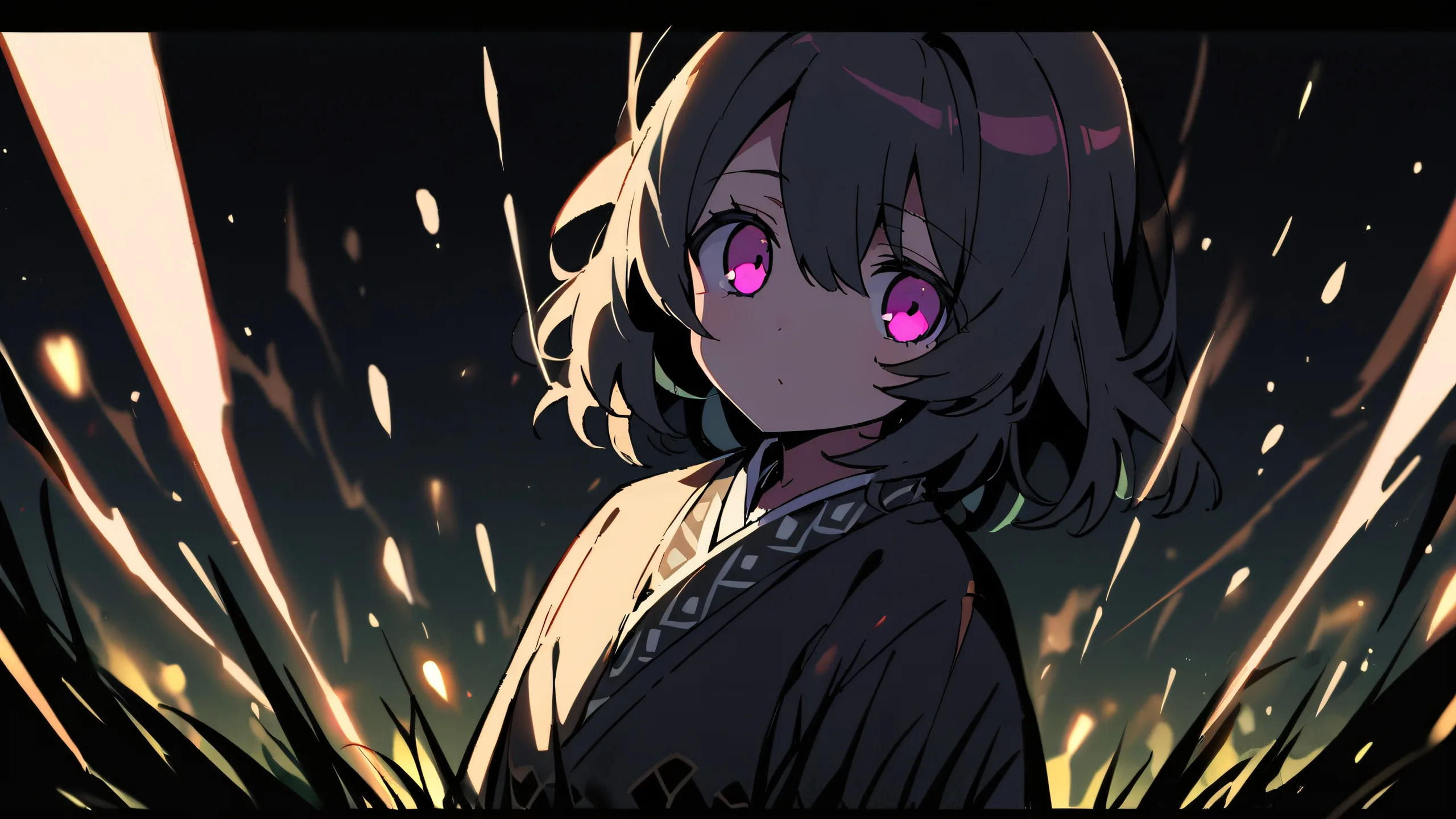 A beautiful anime-inspired desktop wallpaper featuring Shinobu Kocho from Demon Slayer, looking directly at the viewer against a perfectly clean and vast pure void background with an extreme depth of field showcasing a tree and grass in the distance. Designed for PC/ Desktop use.