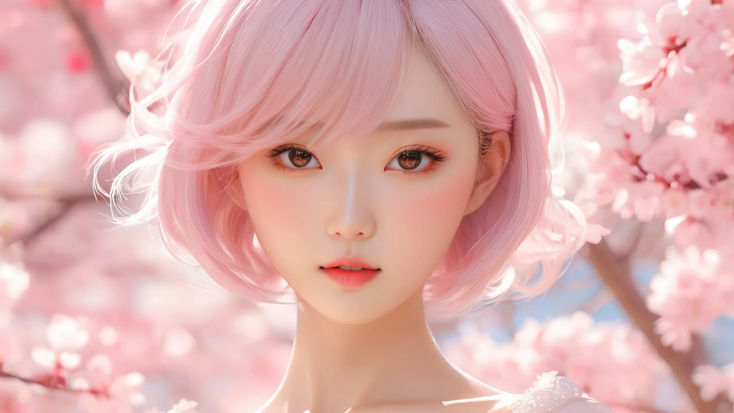 A stunning portrait of Shinobu Watanabe on a clean and pure void desktop background, perfect for PC or Mac.